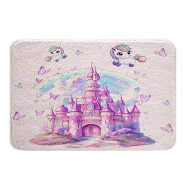 Imagem de Manfei Tapetes de banho princesas castelo roxo sonhador tapetes de banheiro, tapetes de banho de borboleta arco-íris de unicórnio fofo, decoração de quarto de crianças meninas, tapetes de pelúcia