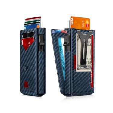 Imagem de Carteira masculina, fina minimalista com clipe para dinheiro e janela para identidade, porta-cartão de crédito pop-up com bloqueio de RFID, carteira masculina inteligente de alumínio para 9 a 13
