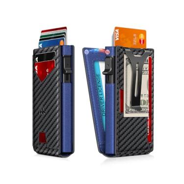 Imagem de Carteira masculina, fina minimalista com clipe para dinheiro e janela para identidade, porta-cartão de crédito pop-up com bloqueio de RFID, carteira masculina inteligente de alumínio para 9 a 13