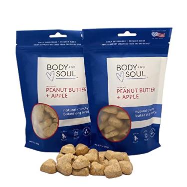 Imagem de Body and Soul Manteiga de amendoim + petiscos crocantes de maçã para cães - Biscoitos superalimentares assados com aveia, cevada e quinoa - Proteína limpa totalmente natural à base de plantas, sem
