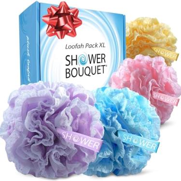 Imagem de Loofah-Bath-Sponge Conjunto de malha de renda >> 2 esponjas em 1 da Shower Bouquet: pufe grande completo de 60 g (pacote com 4 cores spa) Body Luffa Loofa Loufa – Esfole, limpe a pele com acessórios de banho luxuosos