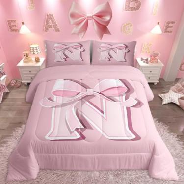 Imagem de jejeloiu Jogo de cama Kawaii, com laço rosa, tamanho casal, presente de decoração para mulheres, adolescentes, com inicial N, ultramacio, feminino, romântico, moderno, conjunto de edredom