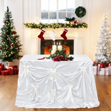Imagem de LJIE-House Toalha de mesa de cetim branco – toalha de mesa de casamento laço faça você mesmo 228 x 259 cm toalha de mesa para chá de panela, festa de aniversário, decoração de chá de bebê - 1 pacote