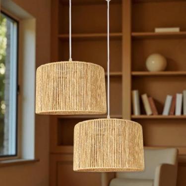 Imagem de Kit 2 Luminaria Pendente de Teto Lustre Em Fibra Natural de Sisal 30x18cm Sala Mesa de Jantar, Quarto,
