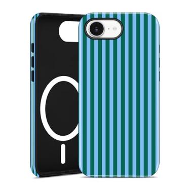 Imagem de Aitipy Capa de telefone listrada magnética para iPhone 16e, compatível com MagSafe, linda listra estética azul verde TPU macio e policarbonato rígido à prova de choque, capa protetora para mulheres e