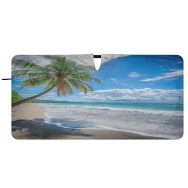 Imagem de Blueangle Belo para-sol para para-brisas de praia tropical - 157,5 cm x 81,3 cm dobrável para janela dianteira do carro bloqueia raios UV viseira de sol (762)