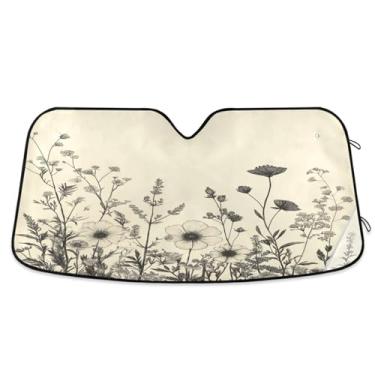 Imagem de ATTX Pára-brisas de carro flores pretas e brancas 139.7 cm x 70.1 cm Protetor solar universal com proteção UV, persiana de janela frontal automática dobrável para caminhões Sedans SUVs #871