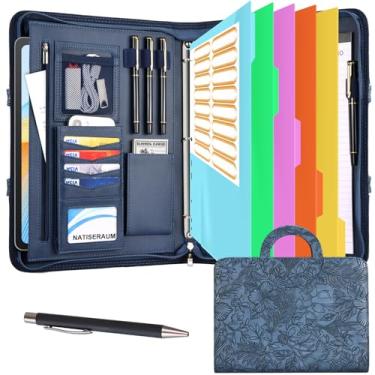 Imagem de NATISERAUM Fichário de portfólio com alça, organizador de pastas de 3 anéis, portfólio de couro vegano com bloco de notas inclui 5 divisórias com 10 bolsos para arquivos de documentos para arquivos de