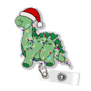 Imagem de Carretel de crachá de Natal bonito retrátil, suporte de crachá de luzes coloridas de dinossauro com clipe jacaré, etiqueta de identificação acrílica com glitter de Natal para enfermeira, enfermagem