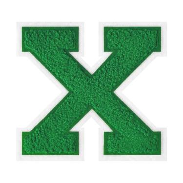 Imagem de 1 peça de patch de letra de chenille verde de 11,4 cm com borda branca – Remendos do alfabeto para roupas, jaquetas, mochilas, chapéus para decoração personalizada, nome personalizado e artesanato. (X
