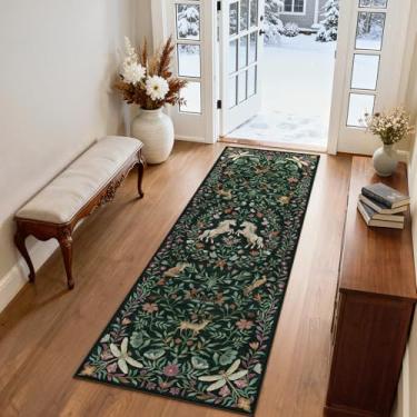 Imagem de STARUIA Tapete de corredor lavável, tapetes verdes de 5 x 15 cm para corredor, corredores de cozinha antiderrapantes, tapete floral vintage de unicórnio para corredores, entrada, quarto, banheiro