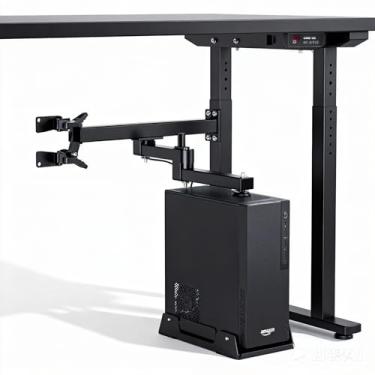 Imagem de Suporte para computador sob a mesa, suporte de torre de computador sem perfuração para mesas em pé, suporte de aço resistente para pernas de mesa de 75 × 45 mm, montagem de CPU de largura e altura