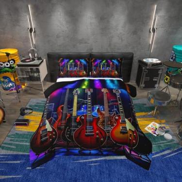 Imagem de Erosebridal Jogo de cama solteiro, estilo rock, com notas musicais, para crianças, adultos, colorido, guitarras elétricas, edredom