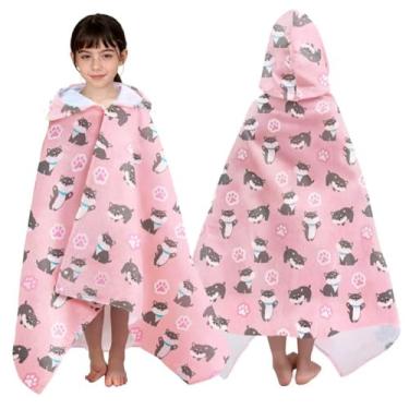 Imagem de VOOVA & MOVAS Toalha de praia infantil com capuz (3-8 anos) – Toalha de banho e natação macia 100% algodão (76 cm x 127 cm), absorção rápida, design de cachorro fofo para meninas - Perfeito para