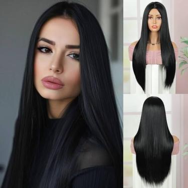 Imagem de Perucas pretas longas e retas para mulheres, cabelo sintético resistente ao calor de 61 cm para uso diário, aparência natural