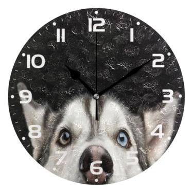 Imagem de JUZIHAI Husky Dog Relógio de parede silencioso sem tique-taque Relógios de parede redondos operados por bateria, fácil de ler, relógio decorativo de parede para casa, cozinha, sala de estar, quarto