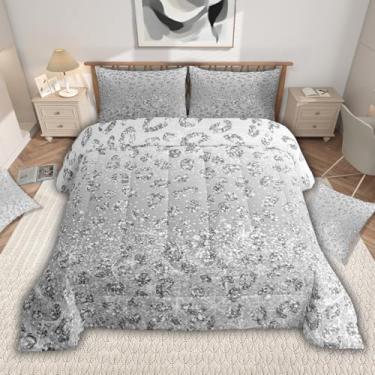 Imagem de jejeloiu Conjunto de cama com lantejoulas de diamante, estilo princesa, sonhador, para meninos e meninas, adolescentes, cinza, gradiente, tamanho Queen, prata, brilhante, 3 peças, respirável, macio e