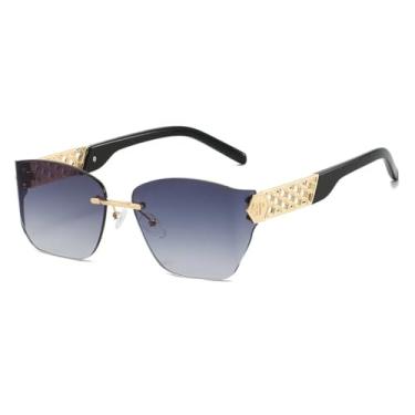 Imagem de HCHES Óculos de Sol Femininos de Luxo Sem Armação com Lentes Degradê, Estilo Retrô, Armação Metálica Vazada, Proteção UV400 (Cinza Dourado)