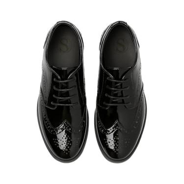 Imagem de Sapato social masculino patenteado Brogue com cadarço formal para casamento, Preto, 11.5 Little Kid