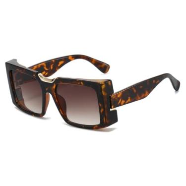 Imagem de HCHES Óculos de Sol Retangulares Femininos com Armação Grossa e Degradê de Leopardo, Estilo Casual e Masculino, com Proteção UV400 (Estampa de Leopardo Chá)