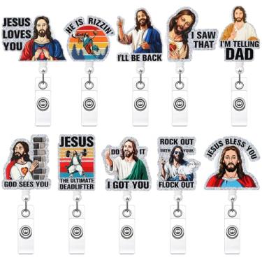 Imagem de Kenning 10 peças engraçadas carretéis de crachá de Jesus Cristão retrátil clipe de crachá de identificação fofo engraçado religião nome cartão de identificação com clipe jacaré para enfermeira, Rn