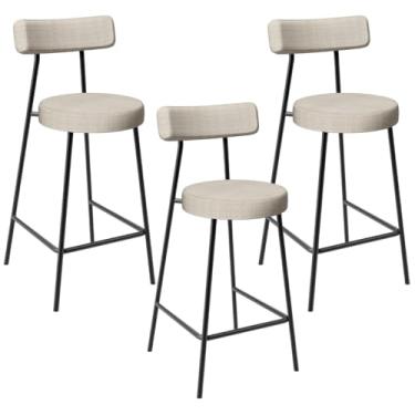 Imagem de Kit 03 Banquetas Baixa Para Cozinha Sala De Jantar Bar Bancada Milão L02 Linho Palha - Lyam Decor