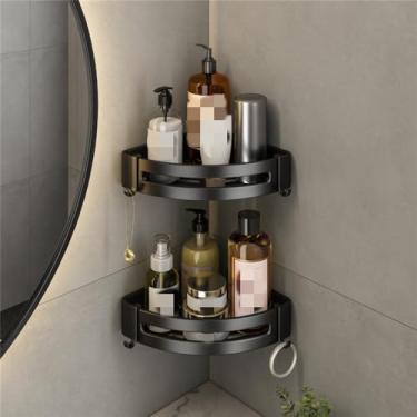 Imagem de GROWBY Conjuntos de hardware de banho Toalheiro Barra de chuveiro Suporte de trilho Prateleiras duplas Ganchos Cabide Bandeja de papel Suportes para escova de banheiro Alumínio preto, Prateleiras d