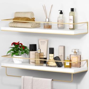 Imagem de Shario Prateleiras flutuantes brancas – Conjunto de 2, prateleiras suspensas montadas na parede com toalheiro dourado, prateleiras decorativas para banheiro, cozinha, sala de estar e quarto (ouro