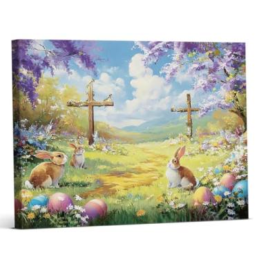 Imagem de Impressão de arte de parede floral coelhinho Páscoa Ovos Flores Silvestres Coelhinho Imagem Estética Decoração de Parede de Páscoa para Casa Fazenda Sala de Estar 20 x 25 cm Emoldurado