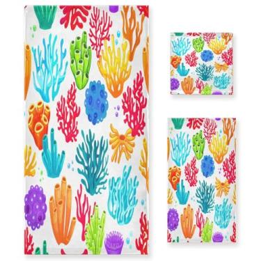 Imagem de Wassud Conjunto de 3 toalhas de banho coloridas para recifes de corais, toalhas super macias e absorventes para banheiro, toalhas de banho de secagem rápida, toalha de banho para academia, spa, hotel