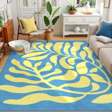 Imagem de Moynesa Tapete lavável Matisse, tapetes azuis grandes para sala de estar, 15 x 23 cm, tapete macio botânico antiderrapante para quarto, tapete abstrato ultra fino macio para casa, escritório,