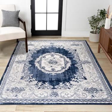 Imagem de JONATHAN Y Rosalia Cottage Medallion Marfim/Azul-marinho Tapete de área de 90 cm x 1,5 m, boêmio, tradicional, transitório, vintage, fácil de limpar, para quarto, cozinha, sala de estar, sem queda