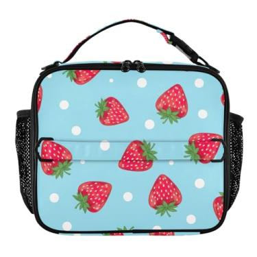 Imagem de Joisal Lancheira azul de morangos vermelhos para mulheres, meninas, lancheira masculina e infantil, lancheira para trabalho, bolsa térmica para escola