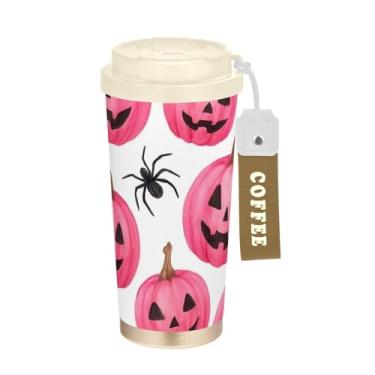 Imagem de TSENQUE Caneca de café de viagem 40 ml com canudo e tampa, caneca de café de aço inoxidável à prova de vazamento para escritório, escola, festa, acampamento, abóboras rosa engraçadas, aranha branca