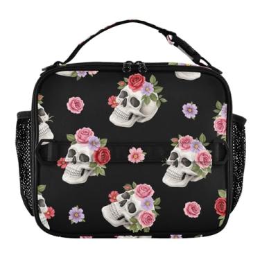 Imagem de Joisal Lancheira com caveiras brancas florais flores pretas para mulheres meninas lancheira com alça de ombro masculina crianças lancheira para trabalho escola rosa engraçada bolsa térmica