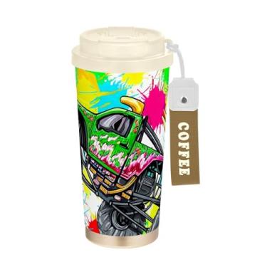 Imagem de TSENQUE Caneca de café de viagem de 473 ml com tampa de canudo e filp, copo de café de aço inoxidável à prova de vazamento para escritório, escola, festa, acampamento, caminhões monstros coloridos