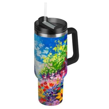 Imagem de Copos com tampa e palha, campos de flores coloridas, pintura da Torre Eiffel, copo de 850 g com alça, garrafa de água isolada engraçada, caneca de café quente de aço inoxidável para carro