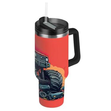 Imagem de Copo colorido Monster Truck vermelho com tampa e canudo de aço inoxidável isolado garrafa de água 1,134 g copo com alça copo engraçado para quente e frio