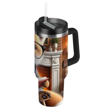 Imagem de Joisal Copo térmico Smart Fox Book Lover com tampa e canudo com alça garrafa de água isolada de 850 g Caneca de café quente de aço inoxidável para carros