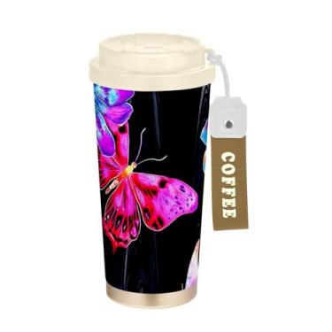 Imagem de Caneca de viagem de café 40 ml com canudo e tampa, copo de café de aço inoxidável à prova de vazamento para escritório, escola, festa, acampamento, flor de borboleta colorida preta
