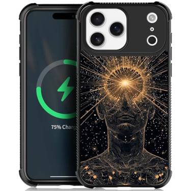 Imagem de Goodsprout Capa para iPhone 17 Pro Max, parte traseira de vidro temperado + silicone macio TPU proteção contra choques, The Line Art Starry Sky Man Exala Wisdom Cases