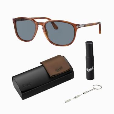 Imagem de Persol Óculos de sol quadrados PO3019S com kit oficial de óculos, Armação Terra Di Siena | Lente azul claro, 52mm