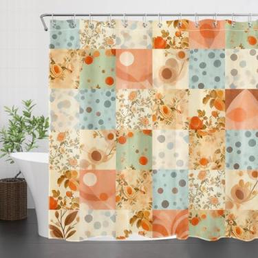 Imagem de NEONWE Cortina de chuveiro boho patchwork, padrão geométrico xadrez vintage para banheiro, decoração de banheiro de tecido abstrato rústico à prova d'água com ganchos de plástico, 183 cm L x 182 cm C