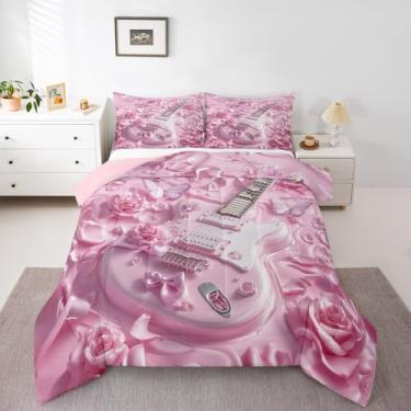 Imagem de Erosebridal Jogo de cama solteiro com violão rosa, romântico, borboleta rosa, para entusiastas de música e florais, para crianças e adultos