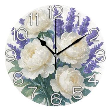 Imagem de GAIGEO Relógio de parede analógico decorativo estético silencioso sem tique-taque relógio de cozinha rústico, decoração de parede de meados do século, sala de estar, peônias brancas, flores roxas, 25