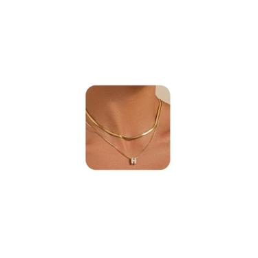 Imagem de KLSURPRISE2 Colar feminino com letra mini bolha – Colar delicado com inicial de zircão banhado a ouro 18 k manchado espinha de peixe em camadas para presente, Large, Cobre, Zircão