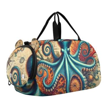 Imagem de Bolsa esportiva retrô para meninos, bússola de polvo, arte infantil, bolsas de viagem para meninas, Arte retrô de bússola de polvo, Clássico