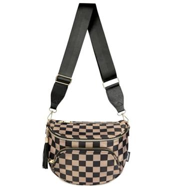 Imagem de HILAEX Bolsa tiracolo quadriculada, antifurto, espaçosa, pochete de nylon para mulheres, bolsa leve para viagens, Preto, castanho, 9 liters