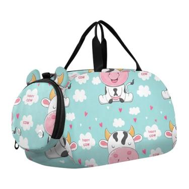 Imagem de Bolsa esportiva para meninos durante a noite para o fim de semana, bolsa de viagem para meninas, bolsa esportiva, arco-íris, quadriculado, retrô, retrô, Lindos desenhos animados de vacas sorrisos