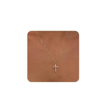Imagem de Pencros Colar de cruz simples com pingente de crucifixo preenchido em ouro 18 K com cruz delicada para mulheres, 1, Latão, Sem Pedra Preciosa